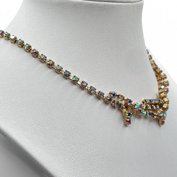 Vintage AB Aurora Borealis Rhinestone Gold-Tone Prong-Set Choker Necklace - Picture 3 of 10